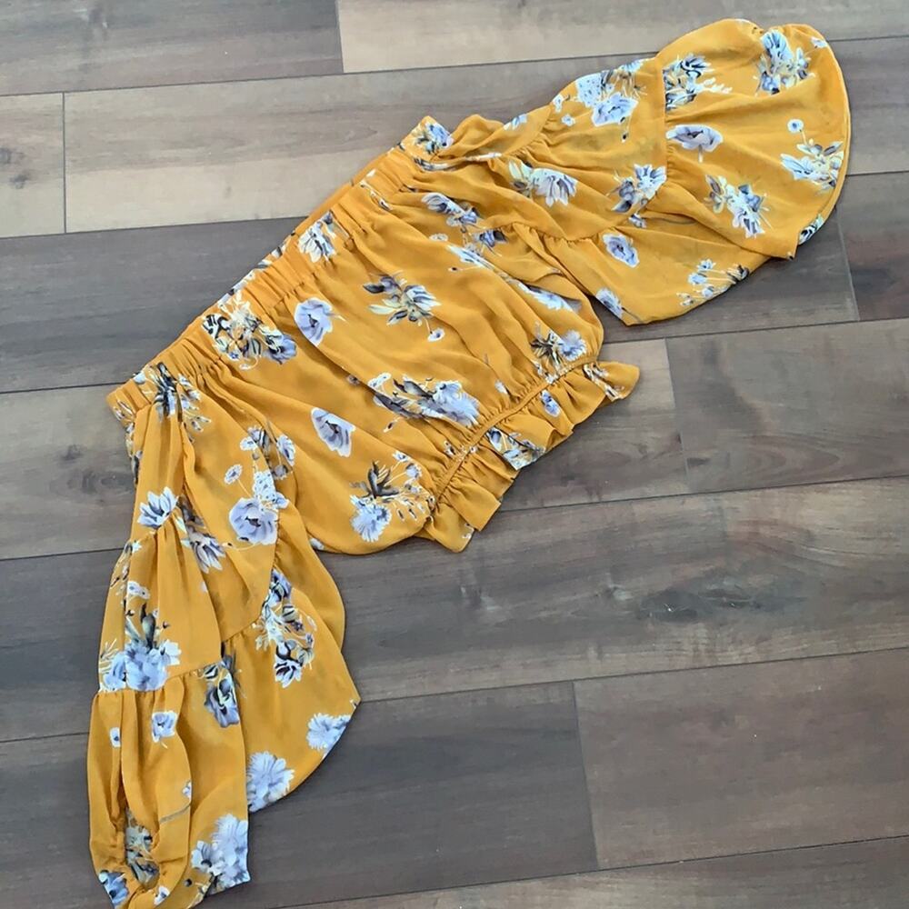 Vestique Yellow Floral Strapless Boho Crop Top Women's M